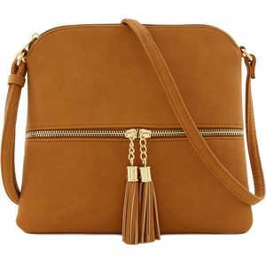 Lightweight Medium Brown Rust Crossbody Bag with Tassel